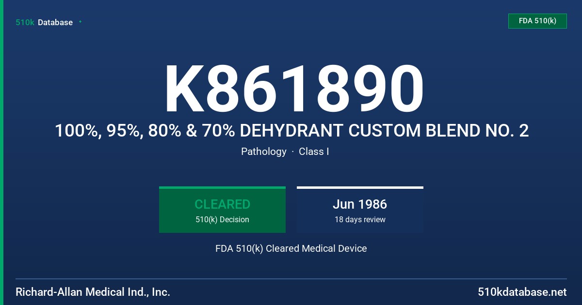 K861890 100%, 95%, 80% & 70% DEHYDRANT CUSTOM BLEND NO. 2 FDA 510(k) Cleared Medical Device