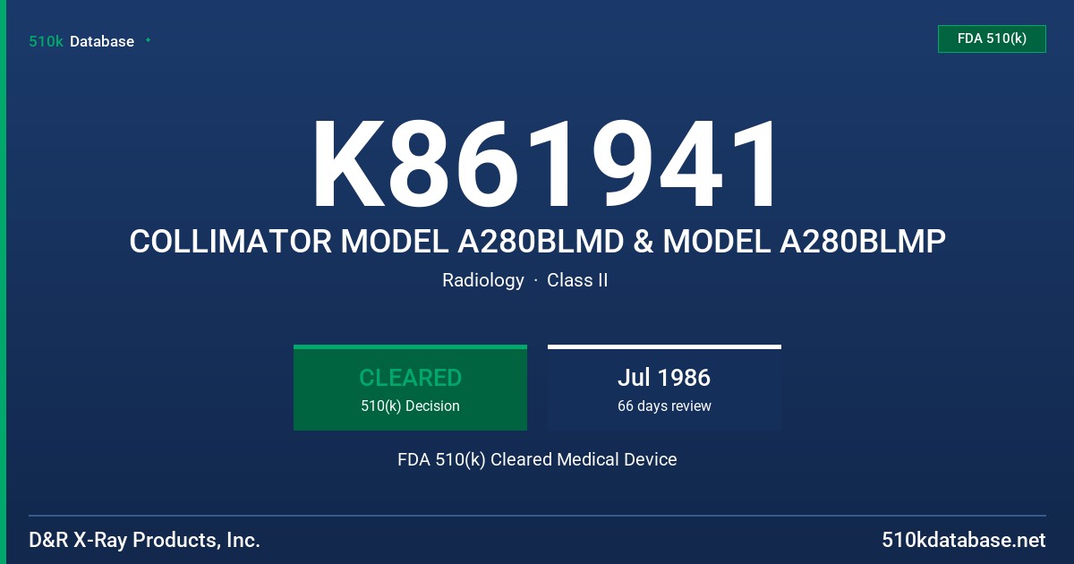 K861941 COLLIMATOR MODEL A280BLMD & MODEL A280BLMP FDA 510(k) Cleared Medical Device