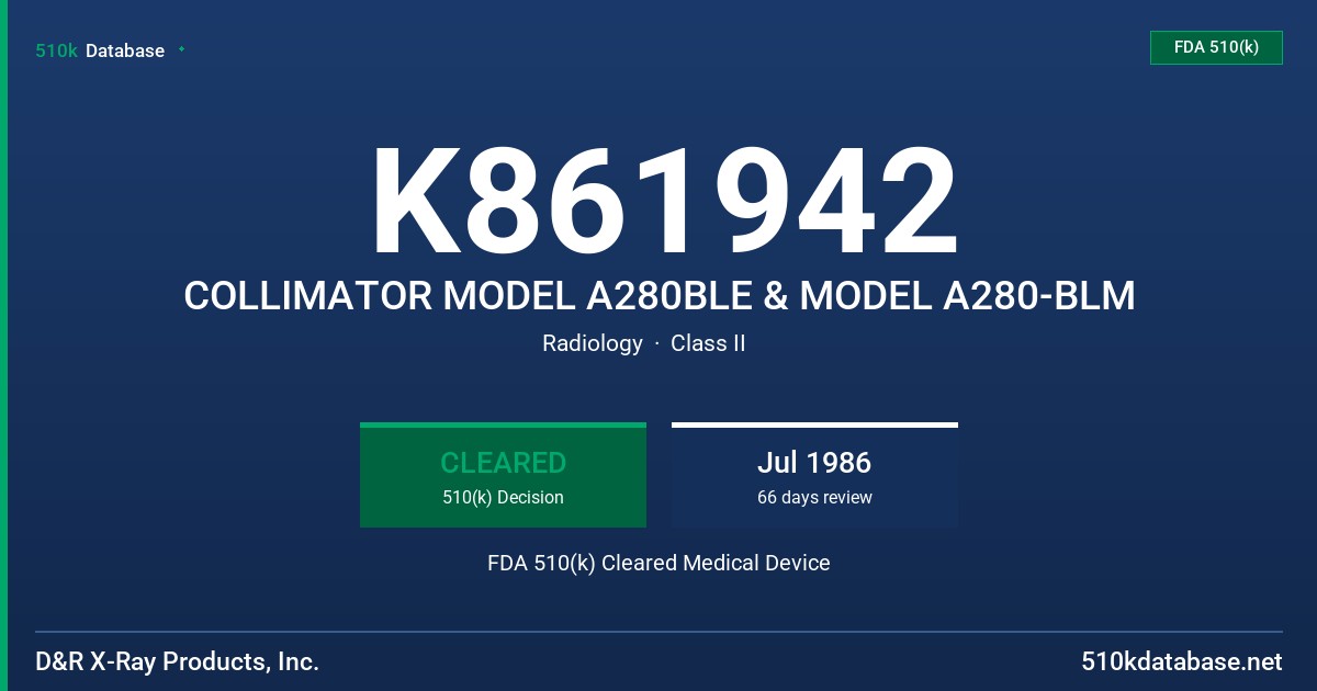 K861942 COLLIMATOR MODEL A280BLE & MODEL A280-BLM FDA 510(k) Cleared Medical Device