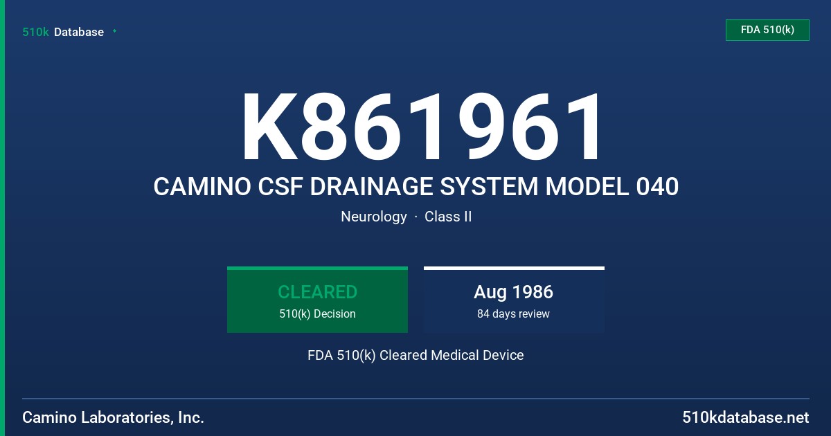 K861961 CAMINO CSF DRAINAGE SYSTEM MODEL 040 FDA 510(k) Cleared Medical Device