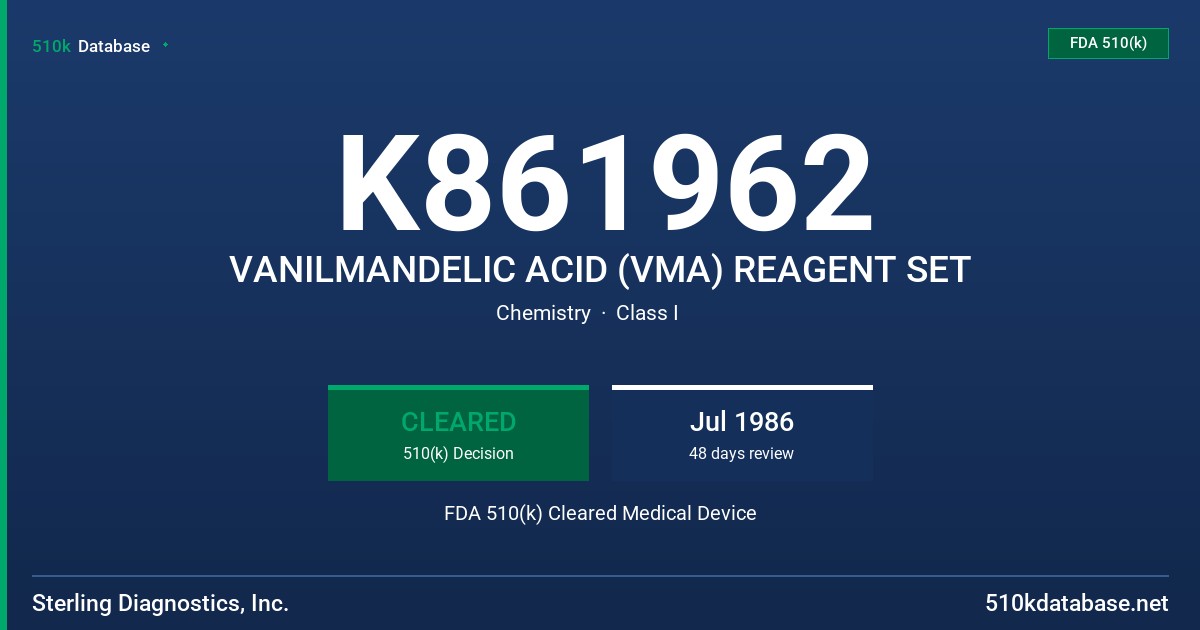 K861962 VANILMANDELIC ACID (VMA) REAGENT SET FDA 510(k) Cleared Medical Device