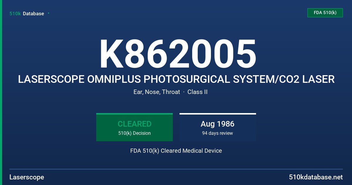K862005 LASERSCOPE OMNIPLUS PHOTOSURGICAL SYSTEM/CO2 LASER FDA 510(k) Cleared Medical Device