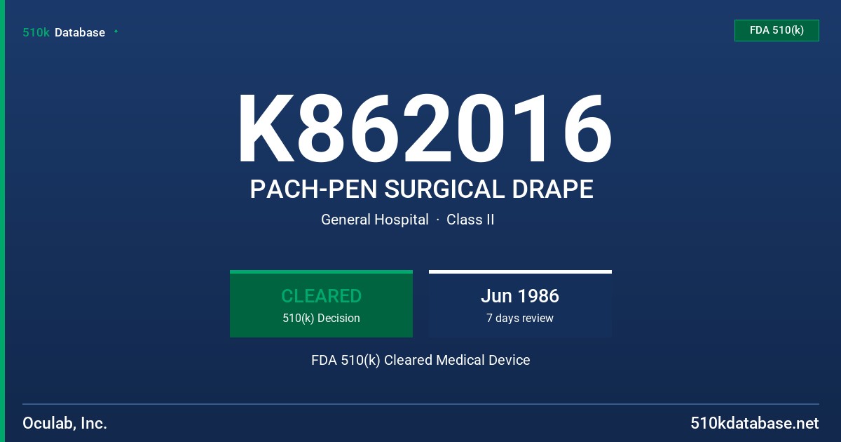 K862016 PACH-PEN SURGICAL DRAPE FDA 510(k) Cleared Medical Device