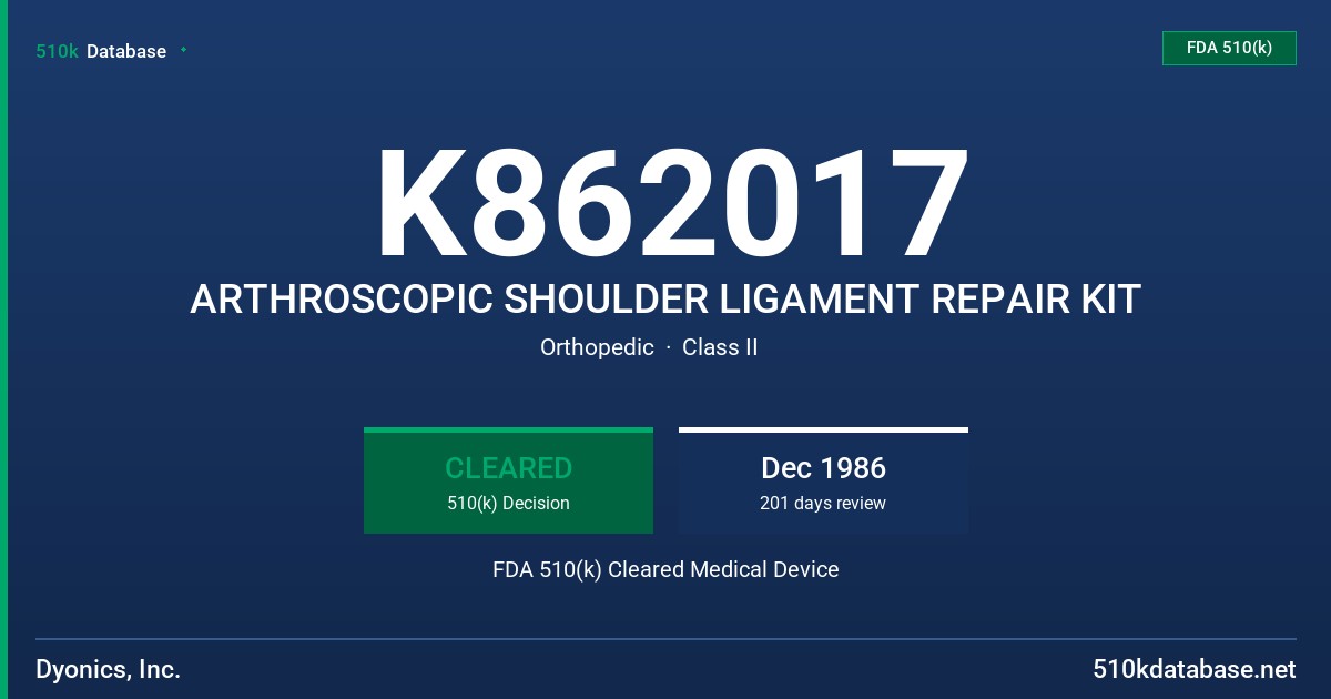 K862017 ARTHROSCOPIC SHOULDER LIGAMENT REPAIR KIT FDA 510(k) Cleared Medical Device