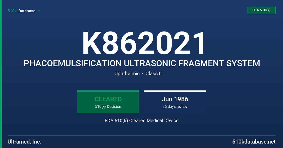 K862021 PHACOEMULSIFICATION ULTRASONIC FRAGMENT SYSTEM FDA 510(k) Cleared Medical Device