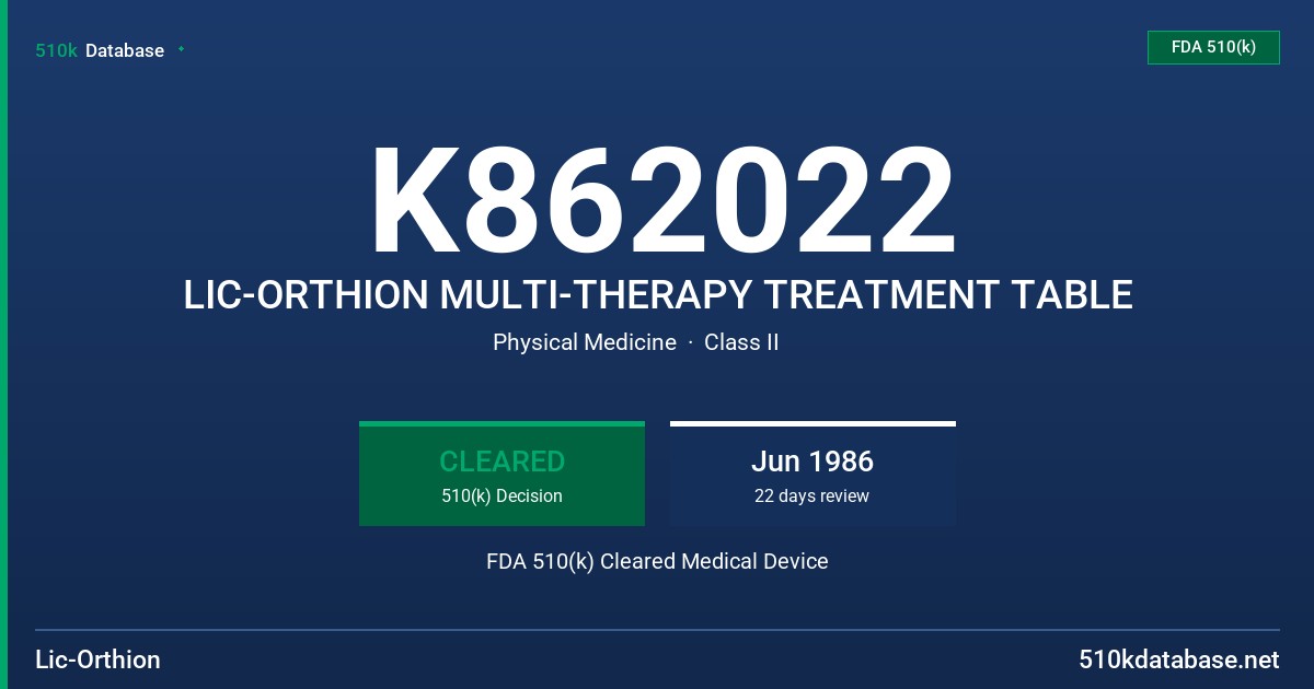 K862022 LIC-ORTHION MULTI-THERAPY TREATMENT TABLE FDA 510(k) Cleared Medical Device