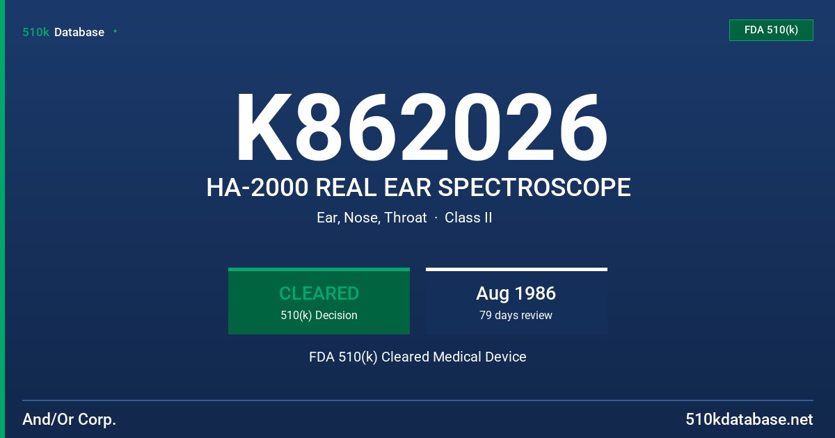 K862026 HA-2000 REAL EAR SPECTROSCOPE FDA 510(k) Cleared Medical Device