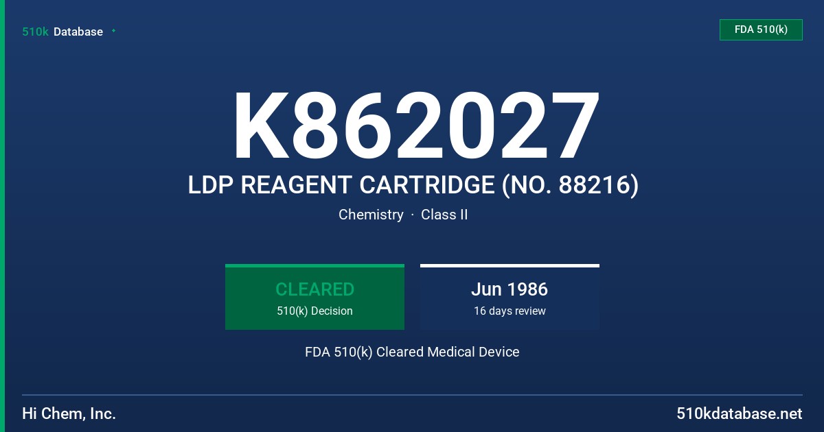 K862027 LDP REAGENT CARTRIDGE (NO. 88216) FDA 510(k) Cleared Medical Device