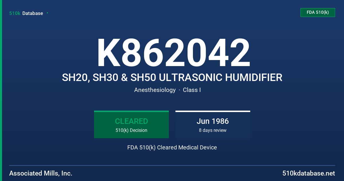 K862042 SH20, SH30 & SH50 ULTRASONIC HUMIDIFIER FDA 510(k) Cleared Medical Device