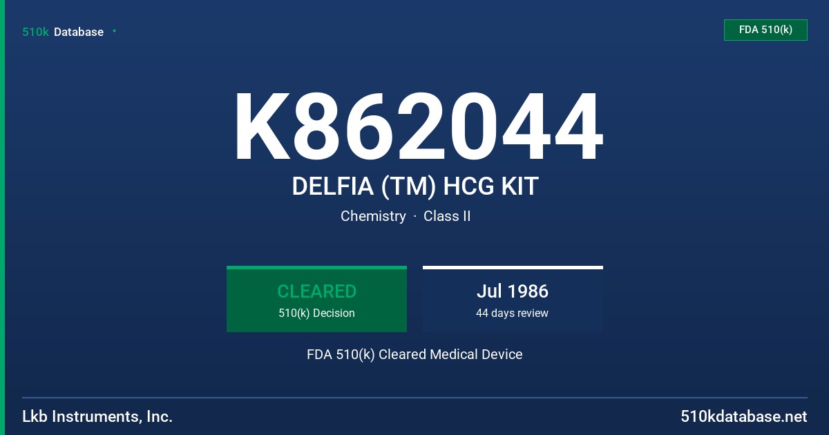K862044 DELFIA (TM) HCG KIT FDA 510(k) Cleared Medical Device