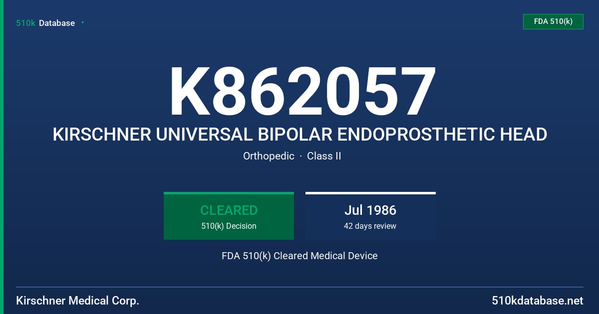 K862057 KIRSCHNER UNIVERSAL BIPOLAR ENDOPROSTHETIC HEAD FDA 510(k) Cleared Medical Device