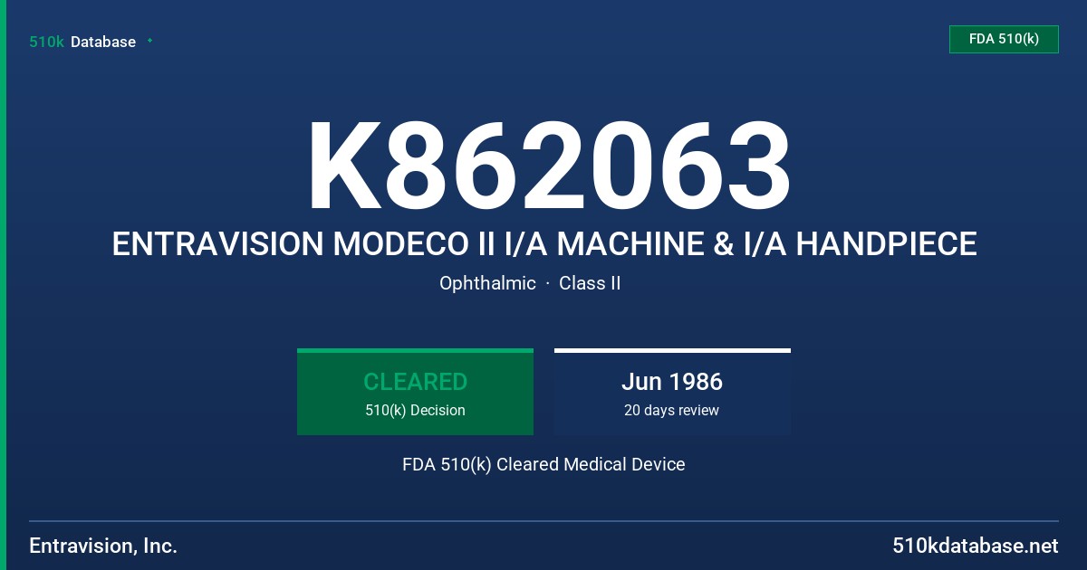 K862063 ENTRAVISION MODECO II I/A MACHINE & I/A HANDPIECE FDA 510(k) Cleared Medical Device