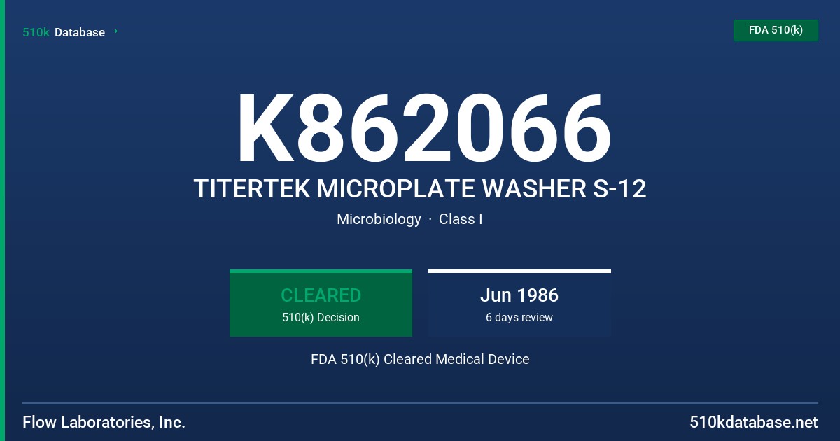 K862066 TITERTEK MICROPLATE WASHER S-12 FDA 510(k) Cleared Medical Device