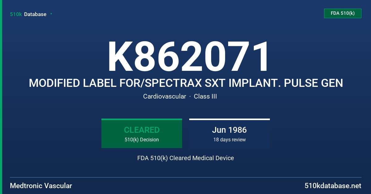 K862071 MODIFIED LABEL FOR/SPECTRAX SXT IMPLANT. PULSE GEN FDA 510(k) Cleared Medical Device