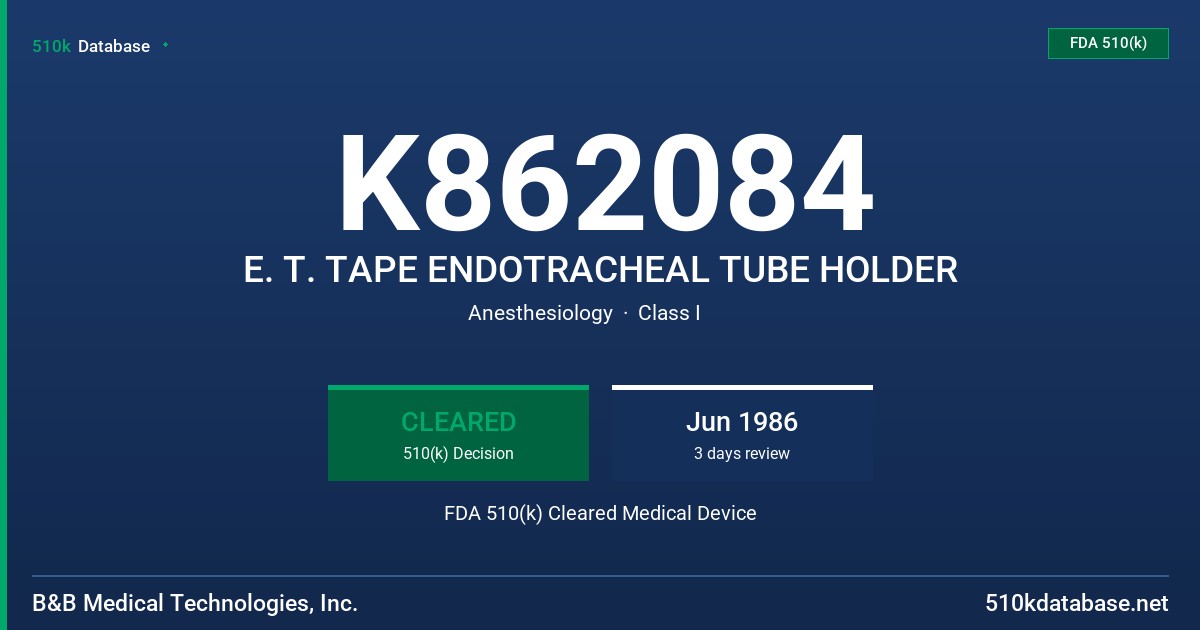 K862084 E. T. TAPE ENDOTRACHEAL TUBE HOLDER FDA 510(k) Cleared Medical Device
