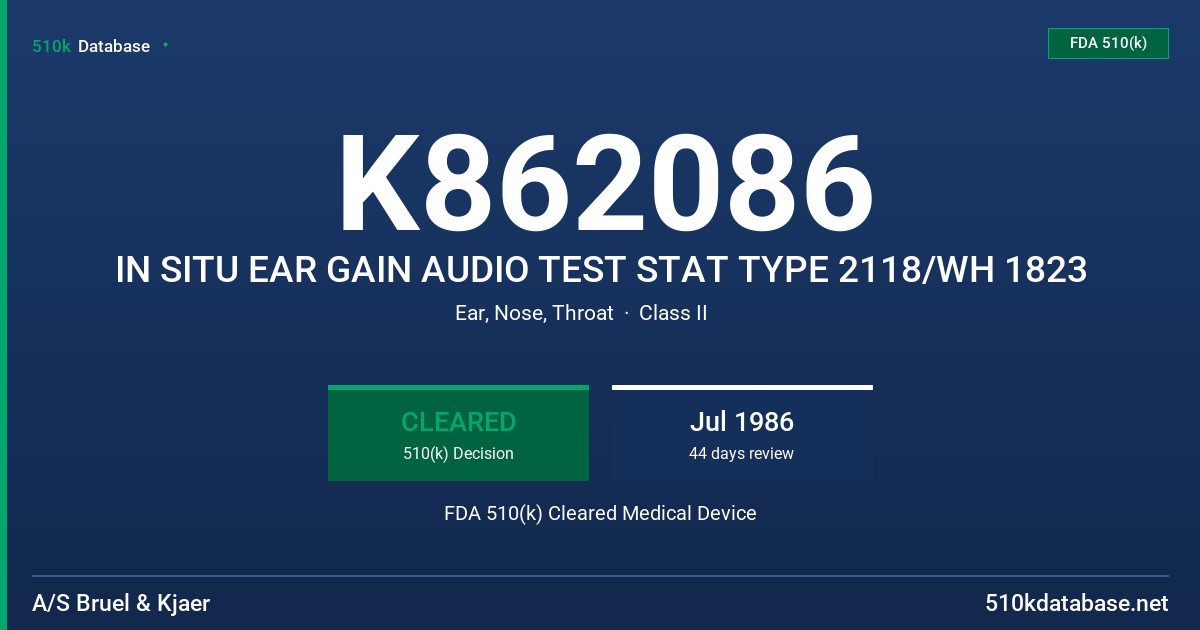 K862086 IN SITU EAR GAIN AUDIO TEST STAT TYPE 2118/WH 1823 FDA 510(k) Cleared Medical Device