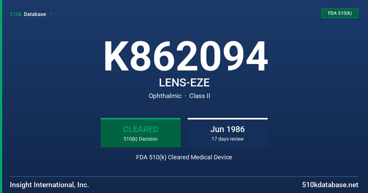 K862094 LENS-EZE FDA 510(k) Cleared Medical Device