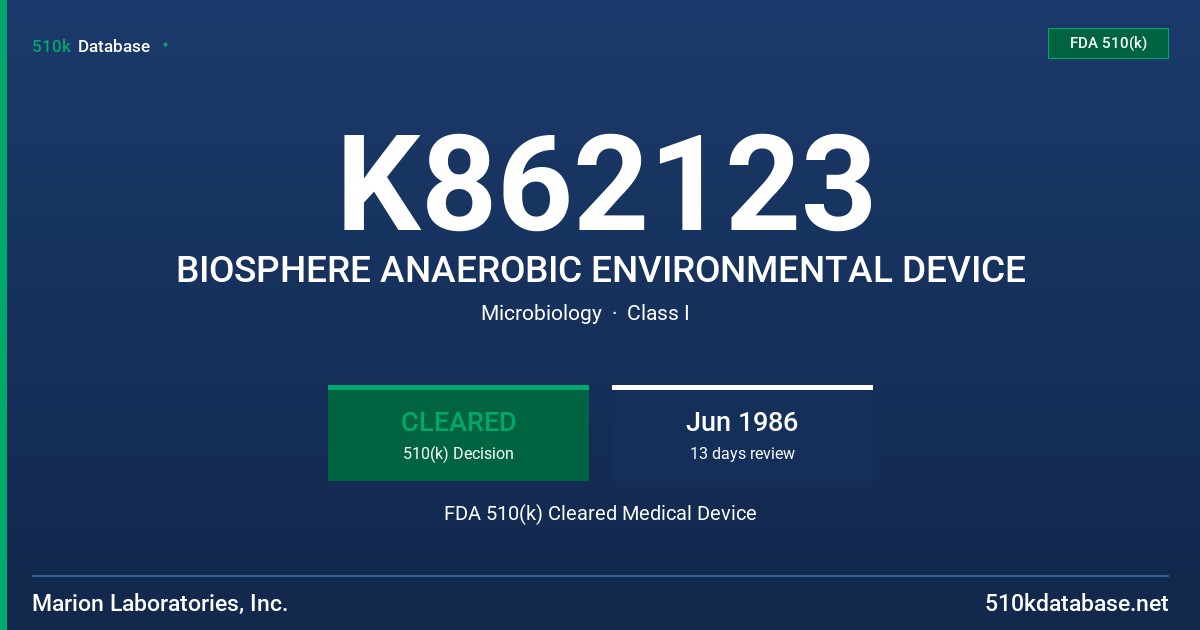 K862123 BIOSPHERE ANAEROBIC ENVIRONMENTAL DEVICE FDA 510(k) Cleared Medical Device