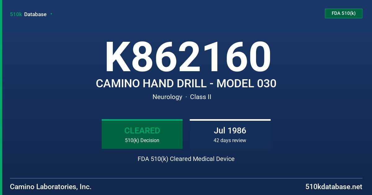 K862160 CAMINO HAND DRILL - MODEL 030 FDA 510(k) Cleared Medical Device
