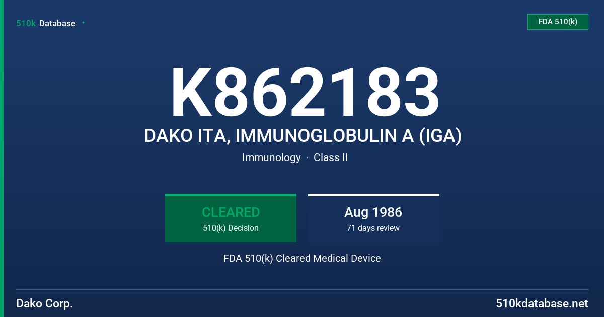 K862183 DAKO ITA, IMMUNOGLOBULIN A (IGA) FDA 510(k) Cleared Medical Device
