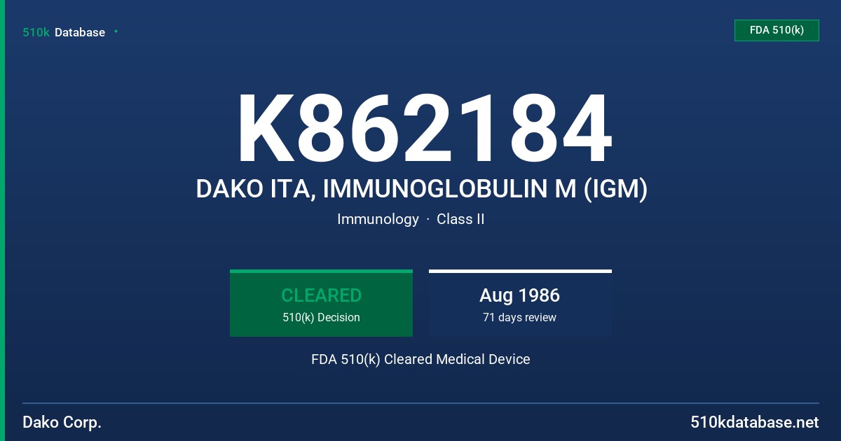 K862184 DAKO ITA, IMMUNOGLOBULIN M (IGM) FDA 510(k) Cleared Medical Device