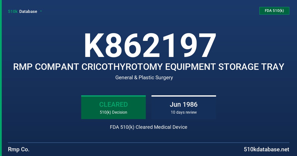 K862197 RMP COMPANT CRICOTHYROTOMY EQUIPMENT STORAGE TRAY FDA 510(k) Cleared Medical Device