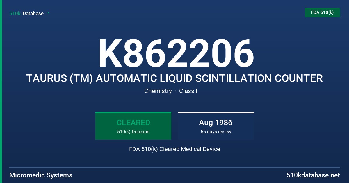 K862206 TAURUS (TM) AUTOMATIC LIQUID SCINTILLATION COUNTER FDA 510(k) Cleared Medical Device