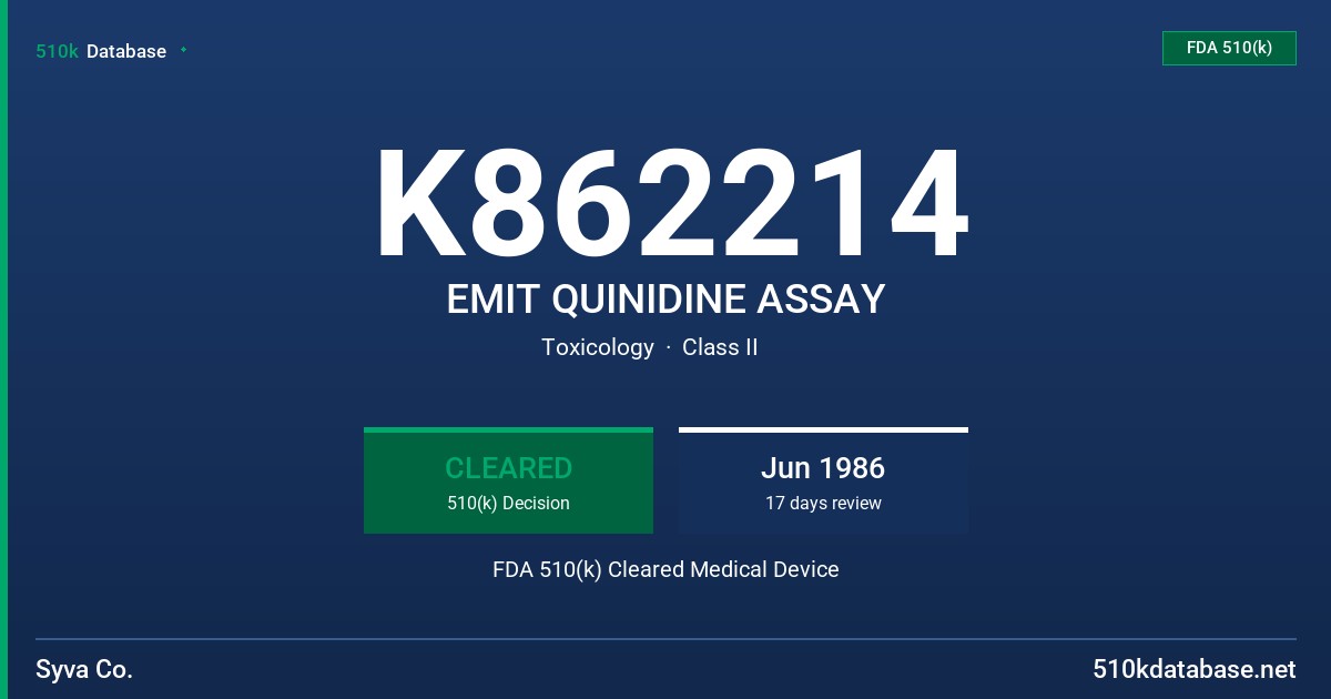 K862214 EMIT QUINIDINE ASSAY FDA 510(k) Cleared Medical Device