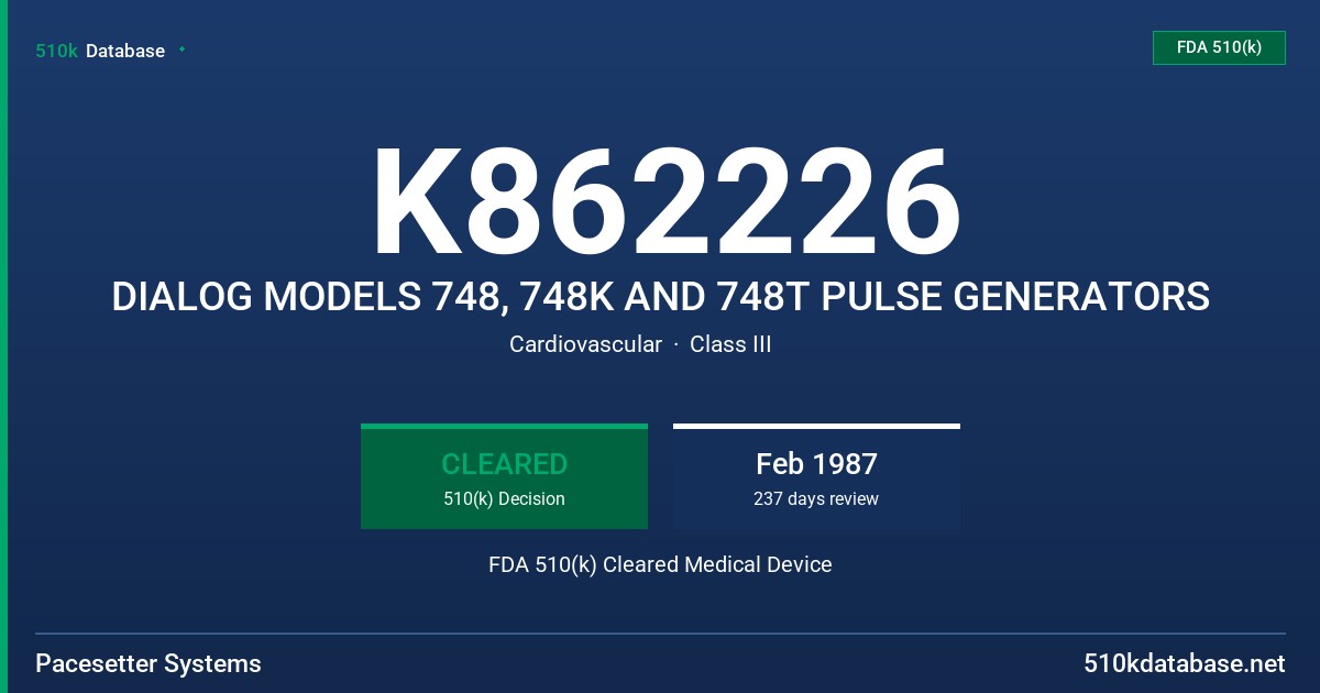 K862226 DIALOG MODELS 748, 748K AND 748T PULSE GENERATORS FDA 510(k) Cleared Medical Device