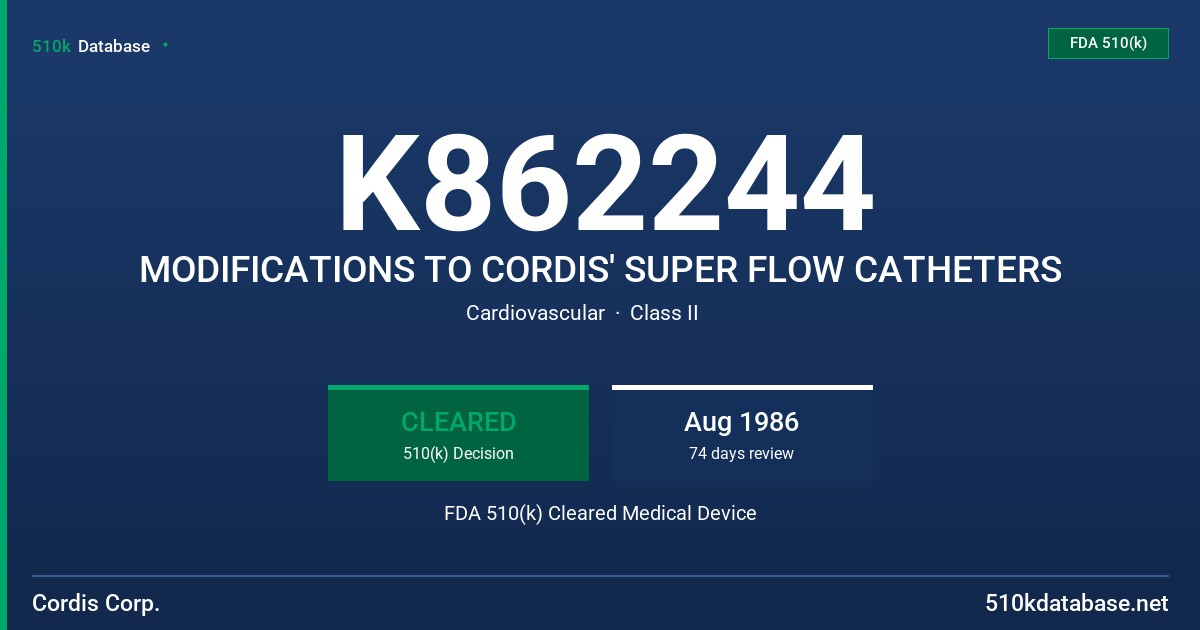 K862244 MODIFICATIONS TO CORDIS' SUPER FLOW CATHETERS FDA 510(k) Cleared Medical Device