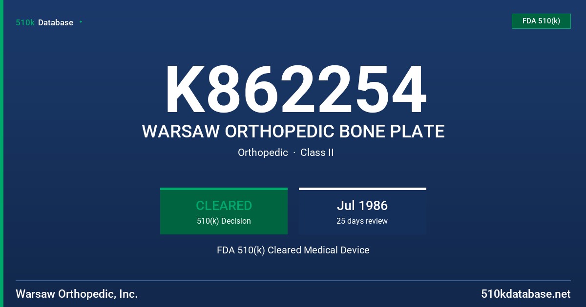 K862254 WARSAW ORTHOPEDIC BONE PLATE FDA 510(k) Cleared Medical Device