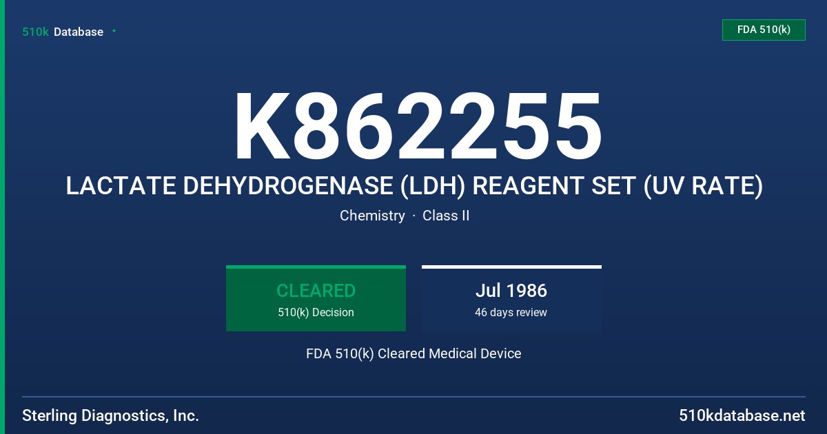 K862255 LACTATE DEHYDROGENASE (LDH) REAGENT SET (UV RATE) FDA 510(k) Cleared Medical Device