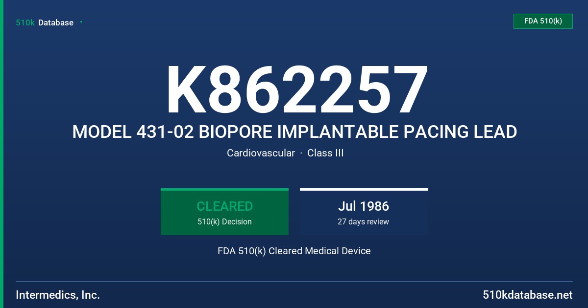 K862257 MODEL 431-02 BIOPORE IMPLANTABLE PACING LEAD FDA 510(k) Cleared Medical Device