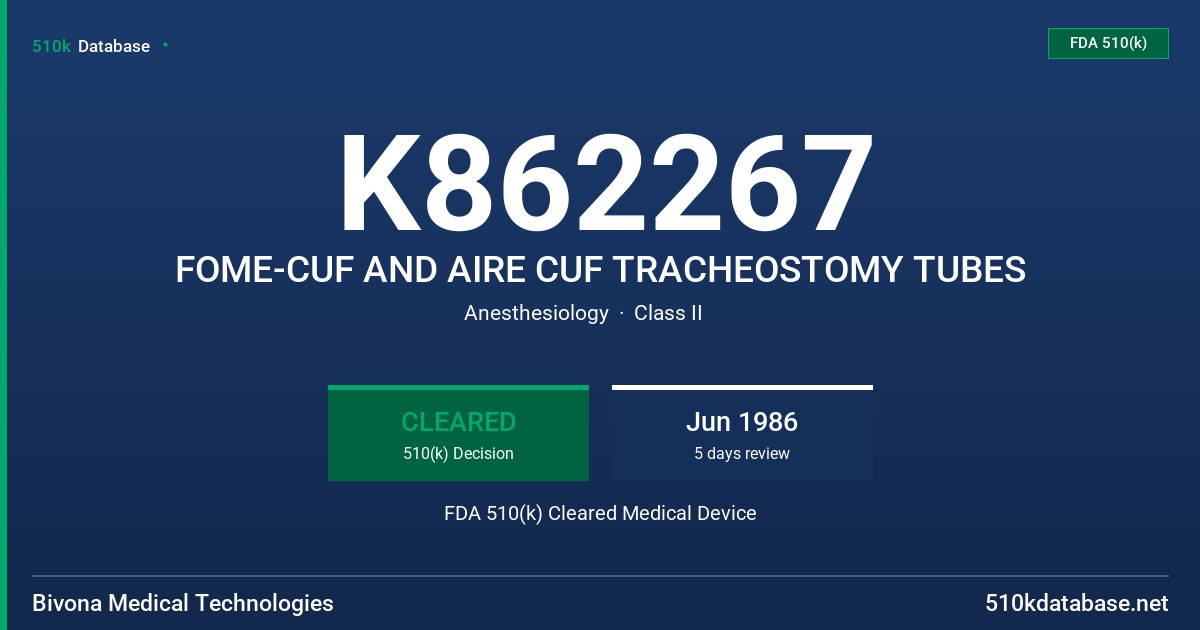 K862267 FOME-CUF AND AIRE CUF TRACHEOSTOMY TUBES FDA 510(k) Cleared Medical Device