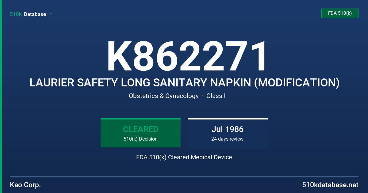 K862271 LAURIER SAFETY LONG SANITARY NAPKIN (MODIFICATION) FDA 510(k) Cleared Medical Device