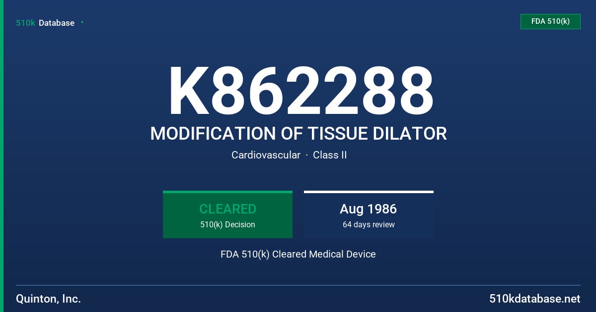 K862288 MODIFICATION OF TISSUE DILATOR FDA 510(k) Cleared Medical Device