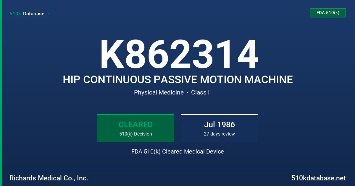 K862314 HIP CONTINUOUS PASSIVE MOTION MACHINE FDA 510(k) Cleared Medical Device