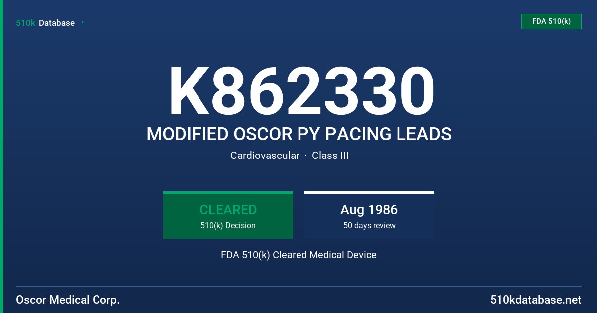 K862330 MODIFIED OSCOR PY PACING LEADS FDA 510(k) Cleared Medical Device