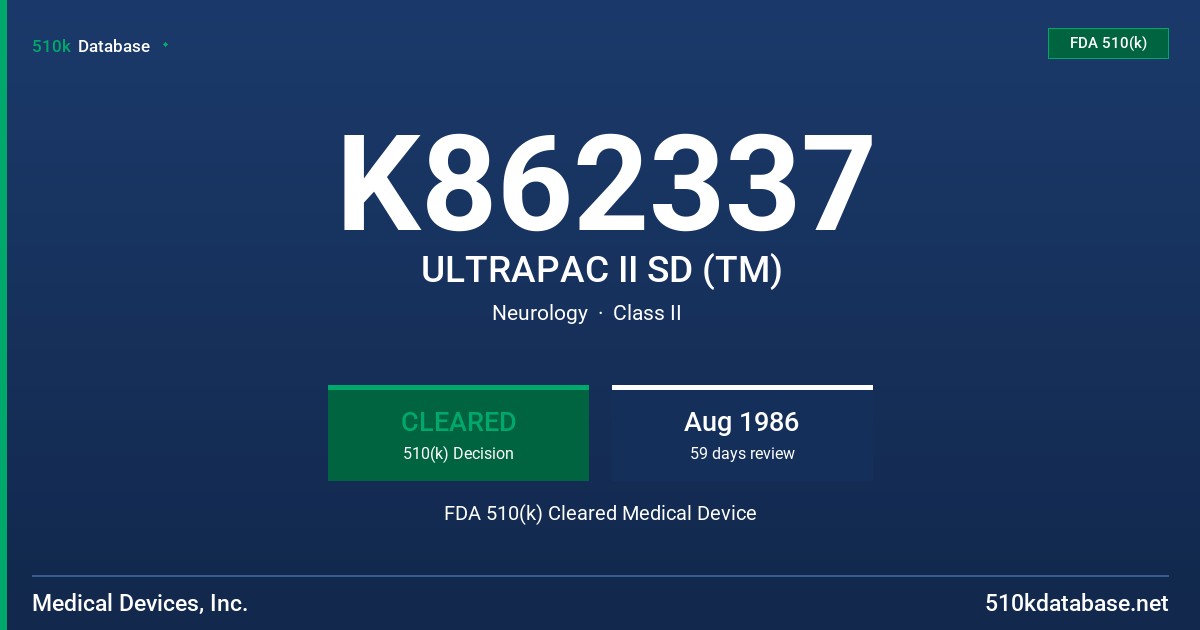 K862337 ULTRAPAC II SD (TM) FDA 510(k) Cleared Medical Device