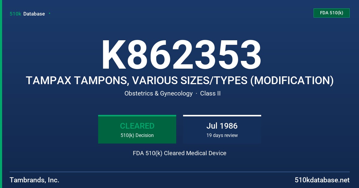 K862353 TAMPAX TAMPONS, VARIOUS SIZES/TYPES (MODIFICATION) FDA 510(k) Cleared Medical Device