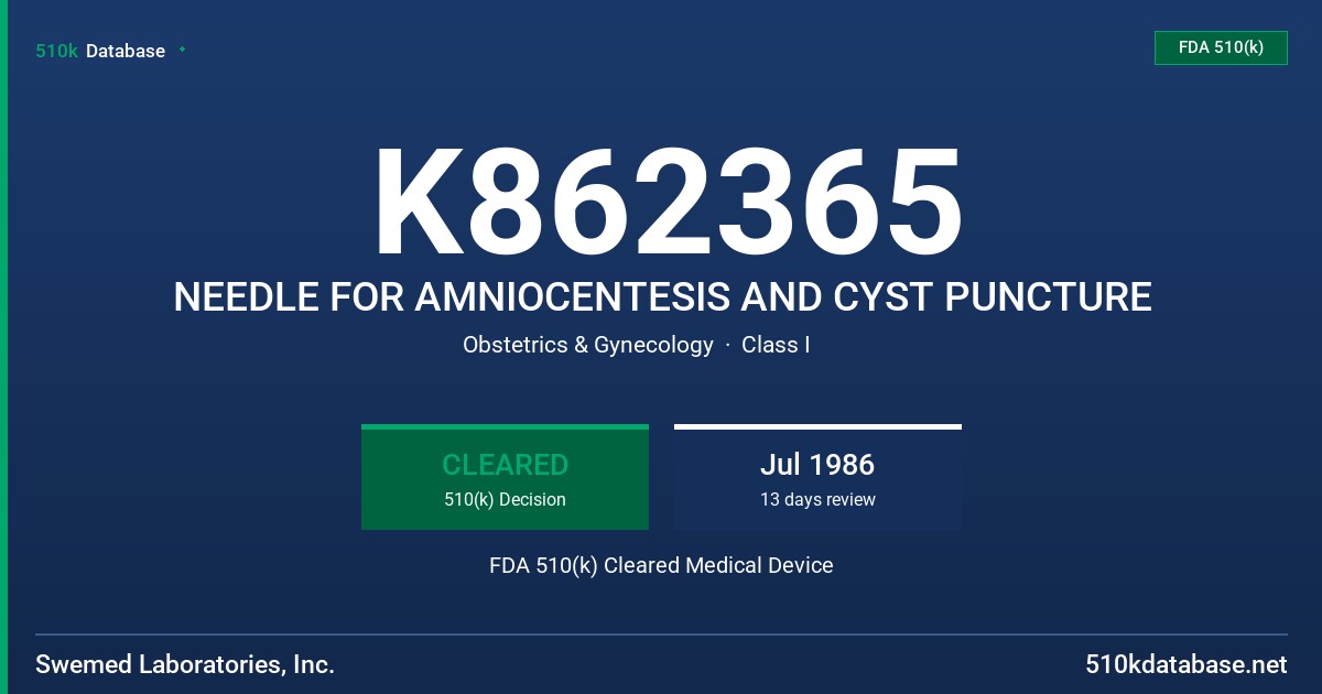 K862365 NEEDLE FOR AMNIOCENTESIS AND CYST PUNCTURE FDA 510(k) Cleared Medical Device