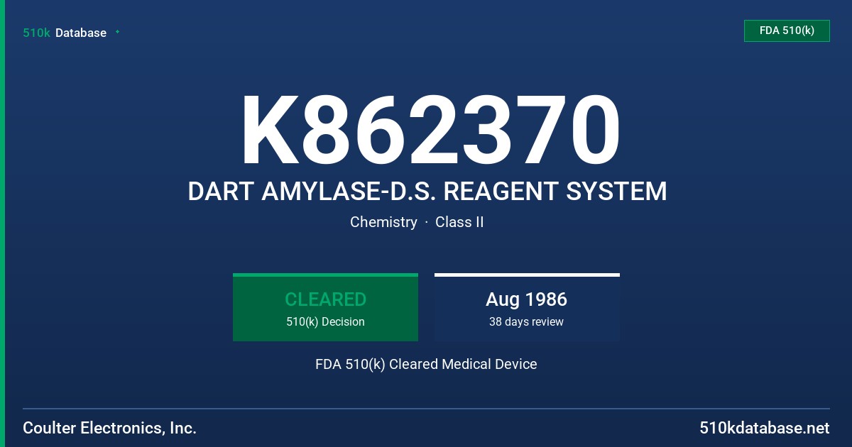 K862370 DART AMYLASE-D.S. REAGENT SYSTEM FDA 510(k) Cleared Medical Device