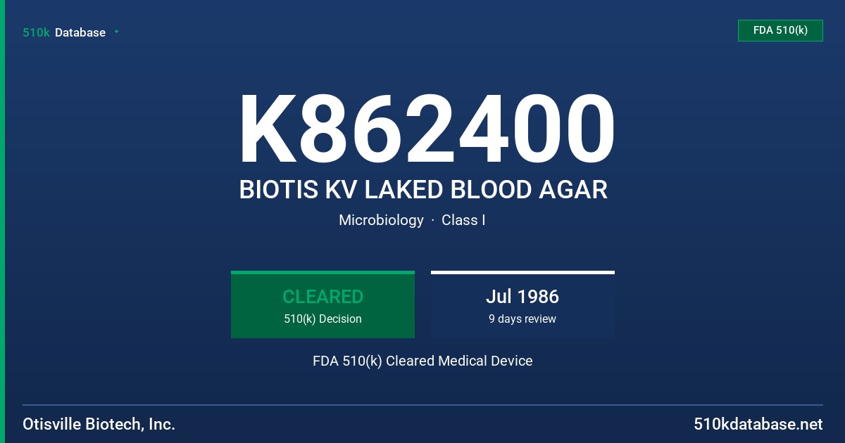 K862400 BIOTIS KV LAKED BLOOD AGAR FDA 510(k) Cleared Medical Device