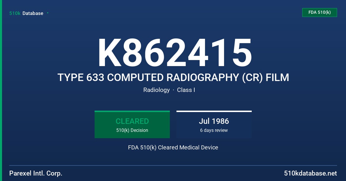 K862415 TYPE 633 COMPUTED RADIOGRAPHY (CR) FILM FDA 510(k) Cleared Medical Device
