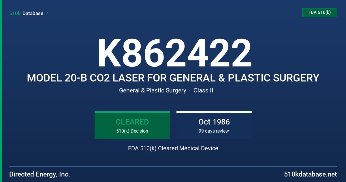 K862422 MODEL 20-B CO2 LASER FOR GENERAL & PLASTIC SURGERY FDA 510(k) Cleared Medical Device