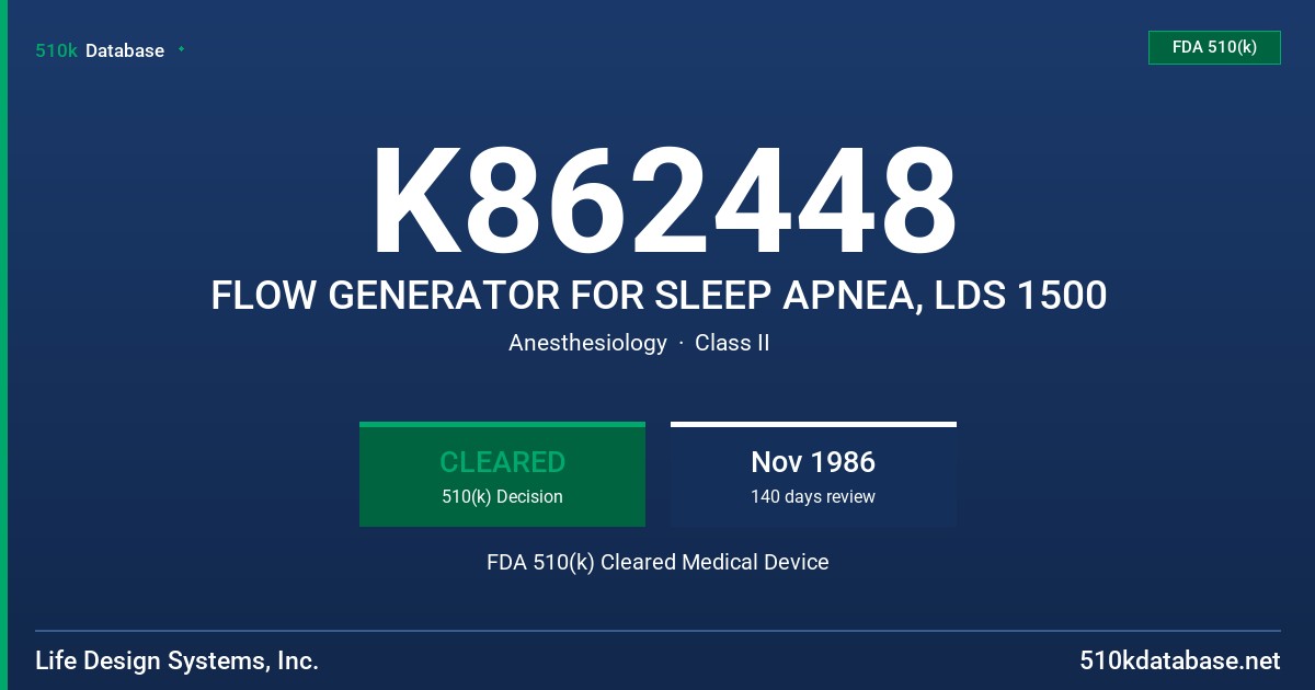K862448 FLOW GENERATOR FOR SLEEP APNEA, LDS 1500 FDA 510(k) Cleared Medical Device