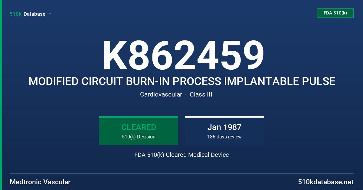 K862459 MODIFIED CIRCUIT BURN-IN PROCESS IMPLANTABLE PULSE FDA 510(k) Cleared Medical Device
