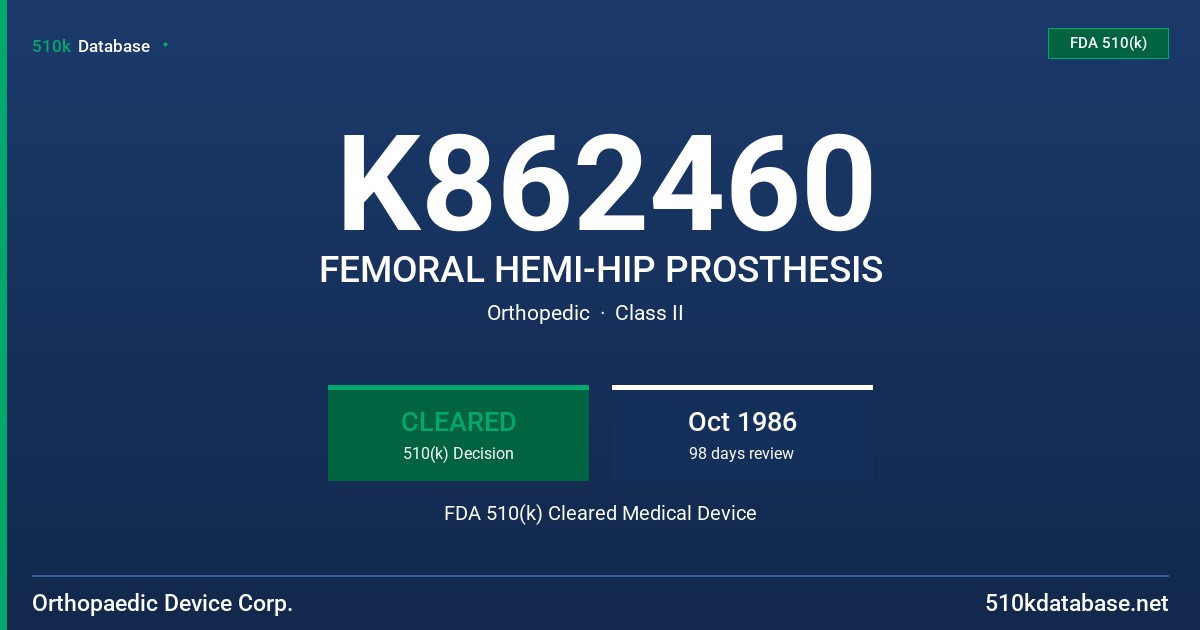 K862460 FEMORAL HEMI-HIP PROSTHESIS FDA 510(k) Cleared Medical Device