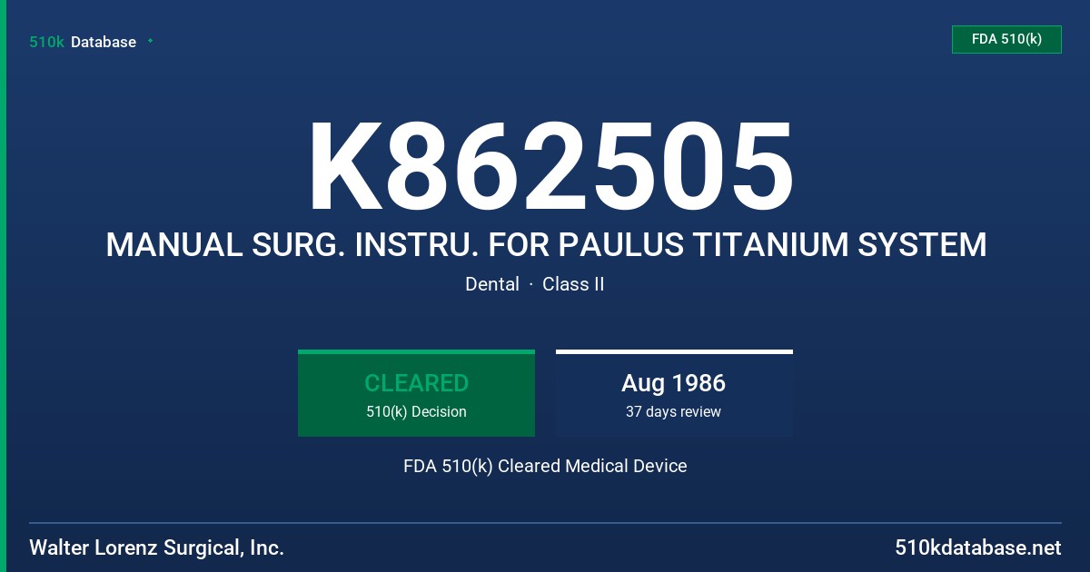 K862505 MANUAL SURG. INSTRU. FOR PAULUS TITANIUM SYSTEM FDA 510(k) Cleared Medical Device
