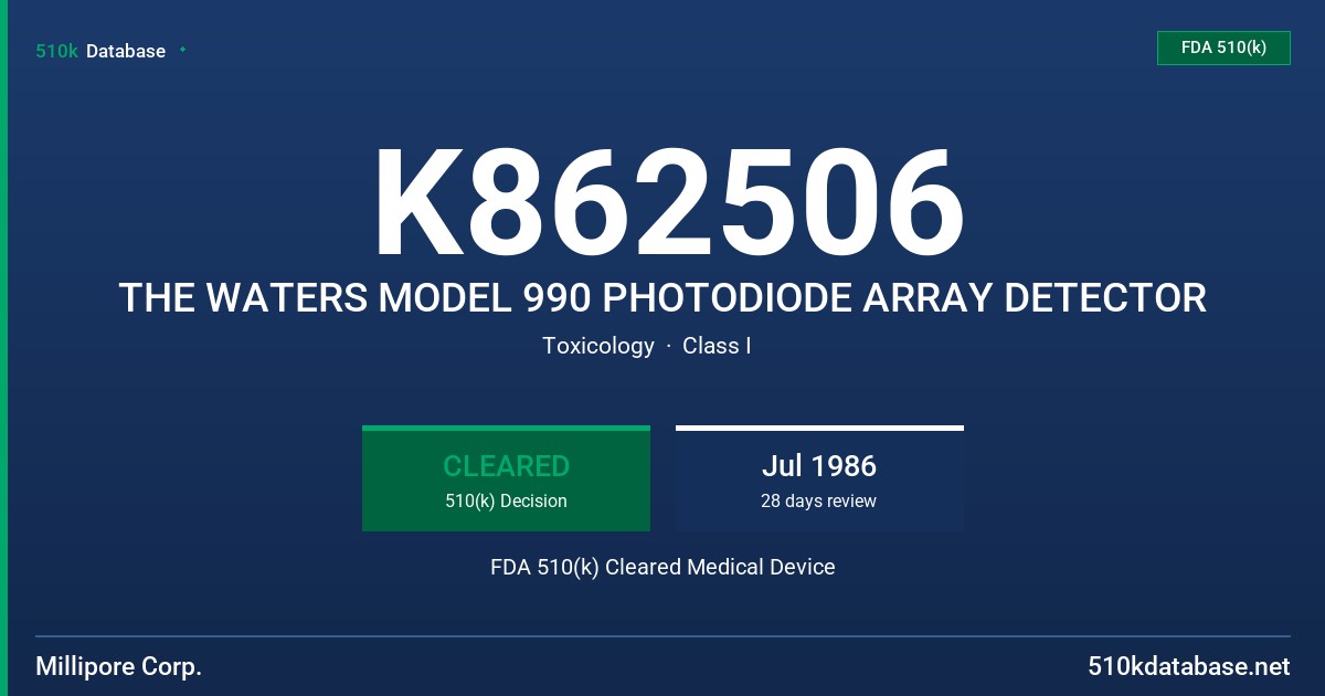 K862506 THE WATERS MODEL 990 PHOTODIODE ARRAY DETECTOR FDA 510(k) Cleared Medical Device